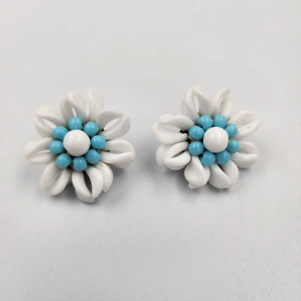 Vintage Western Germany blue glass milk glass Cluster Clip on Earrings Flower - Picture 1 of 7